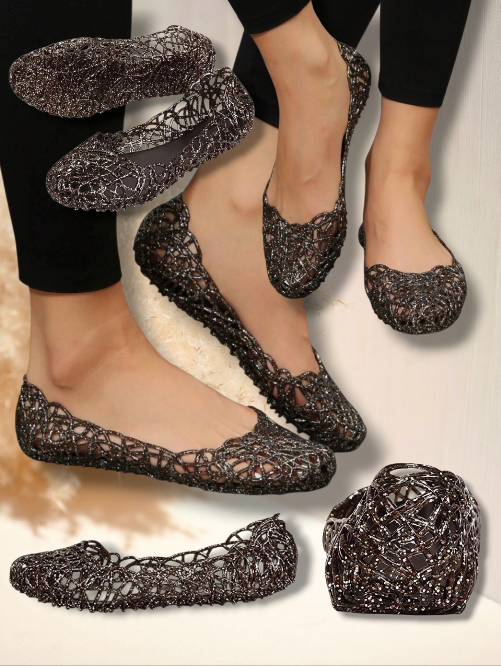 New π€ OHMGAA Women's Black Glitter Hollow Out Jelly Ballet Flats